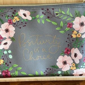 Grey Floral Cosmetic Pouch with Gold Script